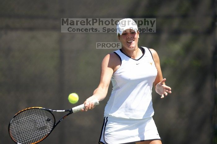 Second singles UT senior Courtney Zauft defeated CSUS junior Anastassia Lyssenko 4-6, 6-3, 10-6.  The University of Texas defeated Sacramento State on Saturday, March 22, 2008.

Filename: SRM_20080322_1315347.jpg
Aperture: f/2.8
Shutter Speed: 1/2500
Body: Canon EOS-1D Mark II
Lens: Canon EF 300mm f/2.8 L IS