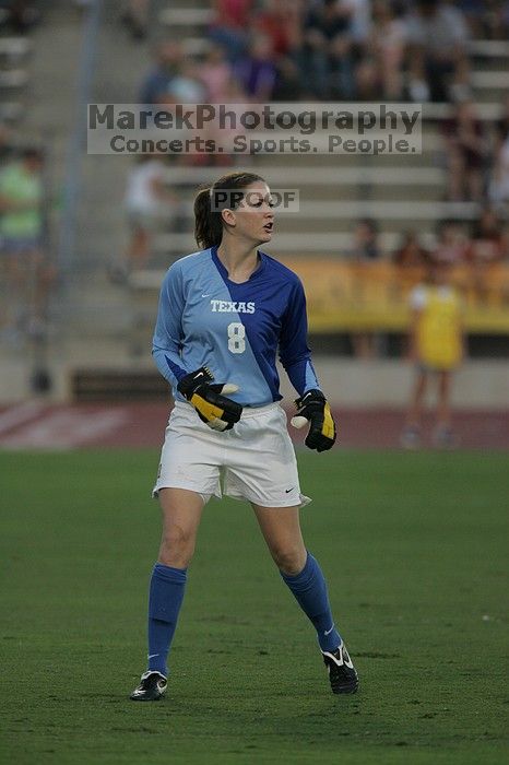 UT senior Dianna Pfenninger (#8, Goalkeeper).  The University of Texas women's soccer team tied 0-0 against the Texas A&M Aggies Friday night, September 27, 2008.

Filename: SRM_20080926_1912001.jpg
Aperture: f/4.0
Shutter Speed: 1/1000
Body: Canon EOS-1D Mark II
Lens: Canon EF 300mm f/2.8 L IS