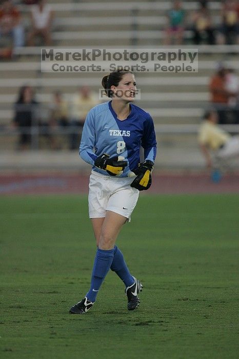 UT senior Dianna Pfenninger (#8, Goalkeeper).  The University of Texas women's soccer team tied 0-0 against the Texas A&M Aggies Friday night, September 27, 2008.

Filename: SRM_20080926_1912022.jpg
Aperture: f/4.0
Shutter Speed: 1/800
Body: Canon EOS-1D Mark II
Lens: Canon EF 300mm f/2.8 L IS