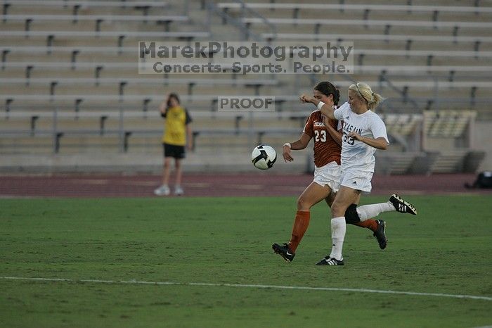 UT senior Courtney Gaines (#23, Midfielder).  The University of Texas women's soccer team tied 0-0 against the Texas A&M Aggies Friday night, September 27, 2008.

Filename: SRM_20080926_1914248.jpg
Aperture: f/4.0
Shutter Speed: 1/800
Body: Canon EOS-1D Mark II
Lens: Canon EF 300mm f/2.8 L IS