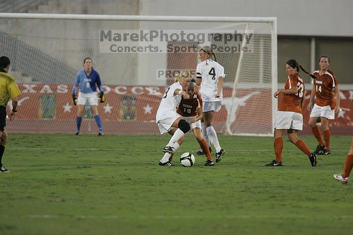 UT sophomore Erica Campanelli (#19, Defender) defends as UT senior Dianna Pfenninger (#8, Goalkeeper), UT senior Courtney Gaines (#23, Midfielder), and UT senior Kasey Moore (#14, Defender) watch.  The University of Texas women's soccer team tied 0-0 against the Texas A&M Aggies Friday night, September 27, 2008.

Filename: SRM_20080926_1924128.jpg
Aperture: f/4.0
Shutter Speed: 1/500
Body: Canon EOS-1D Mark II
Lens: Canon EF 300mm f/2.8 L IS