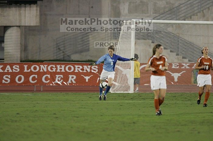 UT senior Dianna Pfenninger (#8, Goalkeeper) punts the ball downfield.  The University of Texas women's soccer team tied 0-0 against the Texas A&M Aggies Friday night, September 27, 2008.

Filename: SRM_20080926_1929088.jpg
Aperture: f/4.0
Shutter Speed: 1/400
Body: Canon EOS-1D Mark II
Lens: Canon EF 300mm f/2.8 L IS