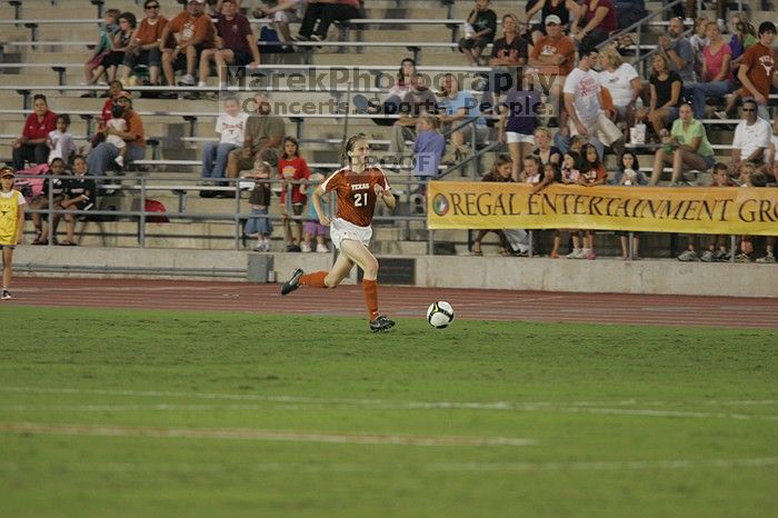 UT junior Emily Anderson (#21, Forward).  The University of Texas women's soccer team tied 0-0 against the Texas A&M Aggies Friday night, September 27, 2008.

Filename: SRM_20080926_1930229.jpg
Aperture: f/4.0
Shutter Speed: 1/320
Body: Canon EOS-1D Mark II
Lens: Canon EF 300mm f/2.8 L IS