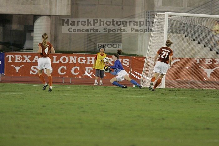 UT senior Dianna Pfenninger (#8, Goalkeeper) dives for the ball as UT junior Emily Anderson (#21, Forward) and UT senior Jill Gilbeau (#4, Defender and Midfielder) watch.  The University of Texas women's soccer team tied 0-0 against the Texas A&M Aggies Friday night, September 27, 2008.

Filename: SRM_20080926_1938563.jpg
Aperture: f/4.0
Shutter Speed: 1/400
Body: Canon EOS-1D Mark II
Lens: Canon EF 300mm f/2.8 L IS