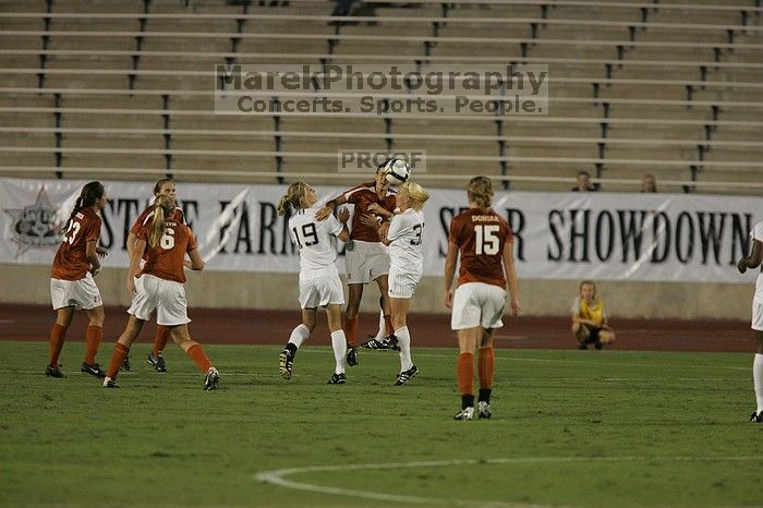 UT senior Stephanie Logterman (#10, Defender) heads the ball as UT freshman Kylie Doniak (#15, Midfielder), UT freshman Lucy Keith (#6, Midfielder), UT senior Courtney Gaines (#23, Midfielder) watch.  The University of Texas women's soccer team tied 0-0 against the Texas A&M Aggies Friday night, September 27, 2008.

Filename: SRM_20080926_1940026.jpg
Aperture: f/4.0
Shutter Speed: 1/500
Body: Canon EOS-1D Mark II
Lens: Canon EF 300mm f/2.8 L IS