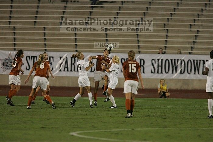 UT senior Stephanie Logterman (#10, Defender) heads the ball as UT freshman Kylie Doniak (#15, Midfielder), UT freshman Lucy Keith (#6, Midfielder), UT senior Courtney Gaines (#23, Midfielder) watch.  The University of Texas women's soccer team tied 0-0 against the Texas A&M Aggies Friday night, September 27, 2008.

Filename: SRM_20080926_1940027.jpg
Aperture: f/4.0
Shutter Speed: 1/640
Body: Canon EOS-1D Mark II
Lens: Canon EF 300mm f/2.8 L IS