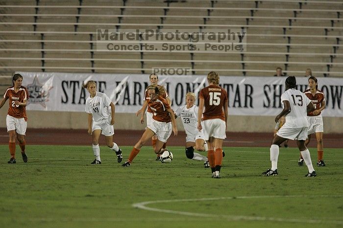 UT freshman Lucy Keith (#6, Midfielder) settles the ball as UT senior Stephanie Logterman (#10, Defender), UT freshman Kylie Doniak (#15, Midfielder), UT senior Courtney Gaines (#23, Midfielder) watch.  The University of Texas women's soccer team tied 0-0 against the Texas A&M Aggies Friday night, September 27, 2008.

Filename: SRM_20080926_1940040.jpg
Aperture: f/4.0
Shutter Speed: 1/500
Body: Canon EOS-1D Mark II
Lens: Canon EF 300mm f/2.8 L IS