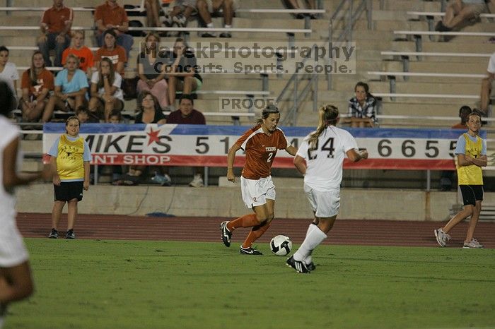 UT sophomore Kirsten Birkhold (#2, Forward and Midfielder).  The University of Texas women's soccer team tied 0-0 against the Texas A&M Aggies Friday night, September 27, 2008.

Filename: SRM_20080926_1942169.jpg
Aperture: f/4.0
Shutter Speed: 1/500
Body: Canon EOS-1D Mark II
Lens: Canon EF 300mm f/2.8 L IS