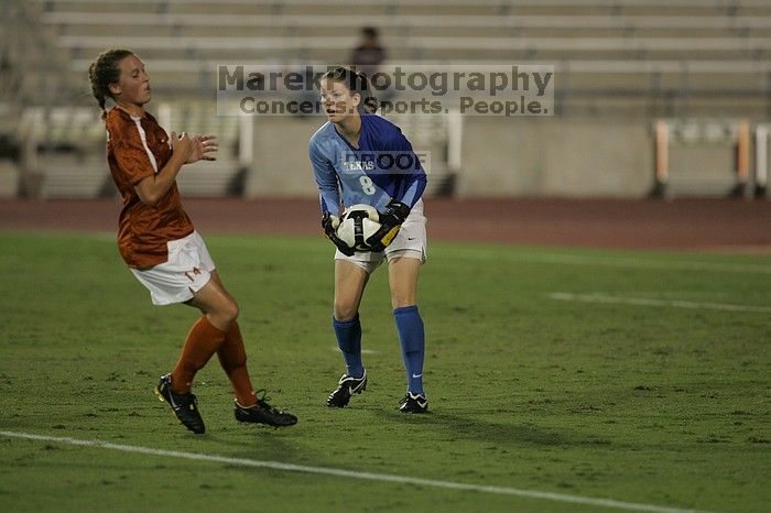 UT senior Dianna Pfenninger (#8, Goalkeeper) scoops up the ball.  The University of Texas women's soccer team tied 0-0 against the Texas A&M Aggies Friday night, September 27, 2008.

Filename: SRM_20080926_2014445.jpg
Aperture: f/2.8
Shutter Speed: 1/640
Body: Canon EOS-1D Mark II
Lens: Canon EF 300mm f/2.8 L IS