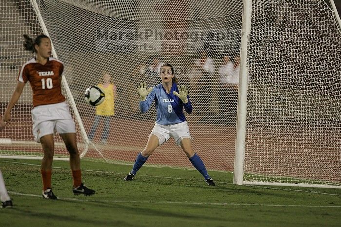 UT senior Dianna Pfenninger (#8, Goalkeeper) catches a shot on goal as UT senior Stephanie Logterman (#10, Defender) watches.  The University of Texas women's soccer team tied 0-0 against the Texas A&M Aggies Friday night, September 27, 2008.

Filename: SRM_20080926_2029145.jpg
Aperture: f/2.8
Shutter Speed: 1/640
Body: Canon EOS-1D Mark II
Lens: Canon EF 300mm f/2.8 L IS