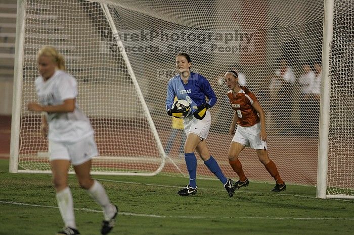 UT senior Dianna Pfenninger (#8, Goalkeeper) catches a shot on goal as UT sophomore Erica Campanelli (#19, Defender) watches.  The University of Texas women's soccer team tied 0-0 against the Texas A&M Aggies Friday night, September 27, 2008.

Filename: SRM_20080926_2029183.jpg
Aperture: f/2.8
Shutter Speed: 1/640
Body: Canon EOS-1D Mark II
Lens: Canon EF 300mm f/2.8 L IS