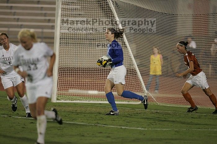 UT senior Dianna Pfenninger (#8, Goalkeeper) catches a shot on goal as UT sophomore Erica Campanelli (#19, Defender) watches.  The University of Texas women's soccer team tied 0-0 against the Texas A&M Aggies Friday night, September 27, 2008.

Filename: SRM_20080926_2029206.jpg
Aperture: f/2.8
Shutter Speed: 1/640
Body: Canon EOS-1D Mark II
Lens: Canon EF 300mm f/2.8 L IS