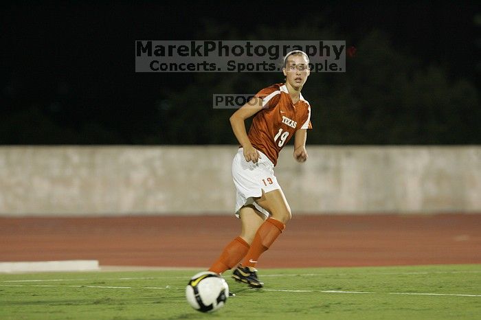 UT sophomore Erica Campanelli (#19, Defender).  The University of Texas women's soccer team tied 0-0 against the Texas A&M Aggies Friday night, September 27, 2008.

Filename: SRM_20080926_2041501.jpg
Aperture: f/4.0
Shutter Speed: 1/200
Body: Canon EOS-1D Mark II
Lens: Canon EF 300mm f/2.8 L IS