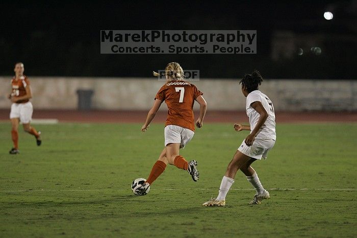 UT freshman Courtney Goodson (#7, Forward and Midfielder).  The University of Texas women's soccer team tied 0-0 against the Texas A&M Aggies Friday night, September 27, 2008.

Filename: SRM_20080926_2047442.jpg
Aperture: f/2.8
Shutter Speed: 1/500
Body: Canon EOS-1D Mark II
Lens: Canon EF 300mm f/2.8 L IS