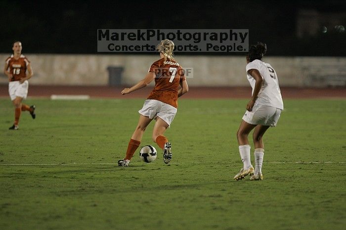 UT freshman Courtney Goodson (#7, Forward and Midfielder).  The University of Texas women's soccer team tied 0-0 against the Texas A&M Aggies Friday night, September 27, 2008.

Filename: SRM_20080926_2047443.jpg
Aperture: f/2.8
Shutter Speed: 1/500
Body: Canon EOS-1D Mark II
Lens: Canon EF 300mm f/2.8 L IS