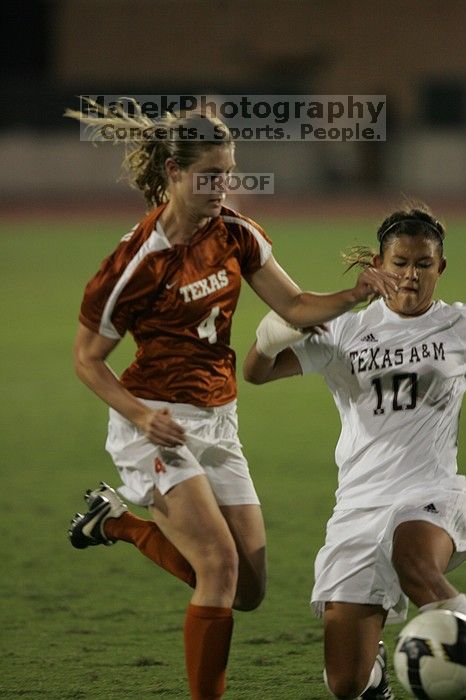 UT senior Jill Gilbeau (#4, Defender and Midfielder).  The University of Texas women's soccer team tied 0-0 against the Texas A&M Aggies Friday night, September 27, 2008.

Filename: SRM_20080926_2049080.jpg
Aperture: f/2.8
Shutter Speed: 1/500
Body: Canon EOS-1D Mark II
Lens: Canon EF 300mm f/2.8 L IS