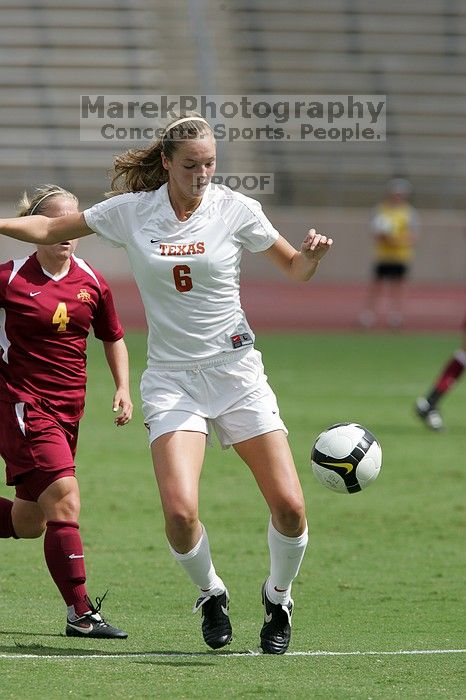 UT freshman Lucy Keith (#6, Midfielder).  The University of Texas women's soccer team won 2-1 against the Iowa State Cyclones Sunday afternoon, October 5, 2008.

Filename: SRM_20081005_12044438.jpg
Aperture: f/5.6
Shutter Speed: 1/2500
Body: Canon EOS-1D Mark II
Lens: Canon EF 300mm f/2.8 L IS