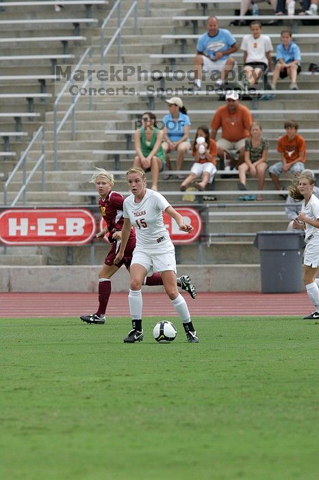 UT freshman Kylie Doniak (#15, Midfielder).  The University of Texas women's soccer team won 2-1 against the Iowa State Cyclones Sunday afternoon, October 5, 2008.

Filename: SRM_20081005_12064284.jpg
Aperture: f/5.6
Shutter Speed: 1/1600
Body: Canon EOS-1D Mark II
Lens: Canon EF 300mm f/2.8 L IS