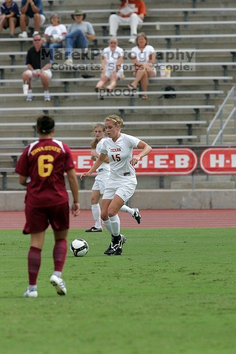 UT freshman Kylie Doniak (#15, Midfielder).  The University of Texas women's soccer team won 2-1 against the Iowa State Cyclones Sunday afternoon, October 5, 2008.

Filename: SRM_20081005_12064486.jpg
Aperture: f/5.6
Shutter Speed: 1/2000
Body: Canon EOS-1D Mark II
Lens: Canon EF 300mm f/2.8 L IS