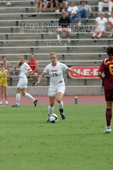 UT freshman Kylie Doniak (#15, Midfielder).  The University of Texas women's soccer team won 2-1 against the Iowa State Cyclones Sunday afternoon, October 5, 2008.

Filename: SRM_20081005_12064687.jpg
Aperture: f/5.6
Shutter Speed: 1/1600
Body: Canon EOS-1D Mark II
Lens: Canon EF 300mm f/2.8 L IS