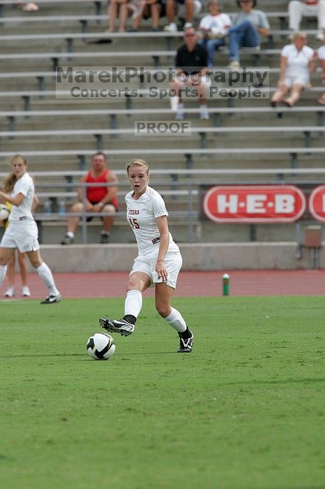 UT freshman Kylie Doniak (#15, Midfielder).  The University of Texas women's soccer team won 2-1 against the Iowa State Cyclones Sunday afternoon, October 5, 2008.

Filename: SRM_20081005_12064689.jpg
Aperture: f/5.6
Shutter Speed: 1/1600
Body: Canon EOS-1D Mark II
Lens: Canon EF 300mm f/2.8 L IS