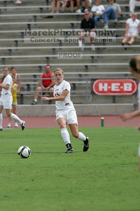 UT freshman Kylie Doniak (#15, Midfielder).  The University of Texas women's soccer team won 2-1 against the Iowa State Cyclones Sunday afternoon, October 5, 2008.

Filename: SRM_20081005_12064690.jpg
Aperture: f/5.6
Shutter Speed: 1/2000
Body: Canon EOS-1D Mark II
Lens: Canon EF 300mm f/2.8 L IS