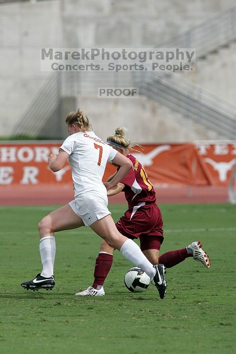 UT freshman Courtney Goodson (#7, Forward and Midfielder).  The University of Texas women's soccer team won 2-1 against the Iowa State Cyclones Sunday afternoon, October 5, 2008.

Filename: SRM_20081005_12065291.jpg
Aperture: f/5.6
Shutter Speed: 1/2500
Body: Canon EOS-1D Mark II
Lens: Canon EF 300mm f/2.8 L IS