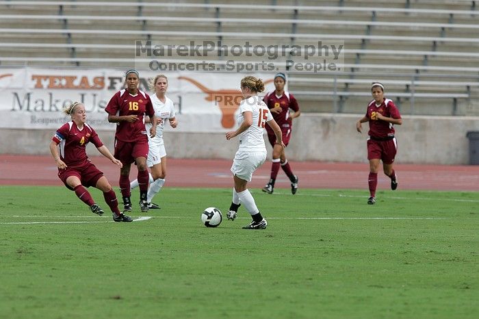 UT freshman Kylie Doniak (#15, Midfielder).  The University of Texas women's soccer team won 2-1 against the Iowa State Cyclones Sunday afternoon, October 5, 2008.

Filename: SRM_20081005_12073601.jpg
Aperture: f/5.6
Shutter Speed: 1/1600
Body: Canon EOS-1D Mark II
Lens: Canon EF 300mm f/2.8 L IS