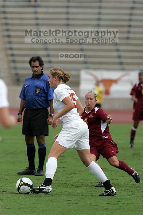 UT freshman Kylie Doniak (#15, Midfielder).  The University of Texas women's soccer team won 2-1 against the Iowa State Cyclones Sunday afternoon, October 5, 2008.

Filename: SRM_20081005_12074815.jpg
Aperture: f/5.6
Shutter Speed: 1/2000
Body: Canon EOS-1D Mark II
Lens: Canon EF 300mm f/2.8 L IS