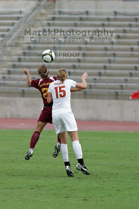 UT freshman Kylie Doniak (#15, Midfielder).  The University of Texas women's soccer team won 2-1 against the Iowa State Cyclones Sunday afternoon, October 5, 2008.

Filename: SRM_20081005_12082016.jpg
Aperture: f/5.6
Shutter Speed: 1/1600
Body: Canon EOS-1D Mark II
Lens: Canon EF 300mm f/2.8 L IS