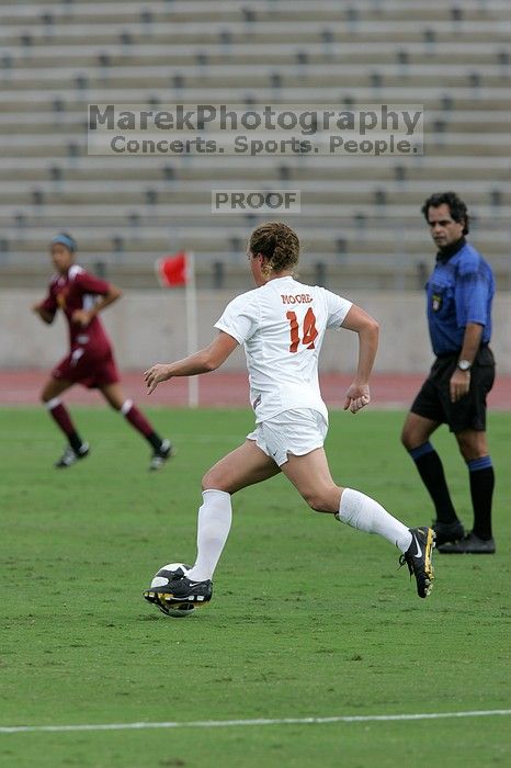 UT senior Kasey Moore (#14, Defender).  The University of Texas women's soccer team won 2-1 against the Iowa State Cyclones Sunday afternoon, October 5, 2008.

Filename: SRM_20081005_12082823.jpg
Aperture: f/5.6
Shutter Speed: 1/1600
Body: Canon EOS-1D Mark II
Lens: Canon EF 300mm f/2.8 L IS