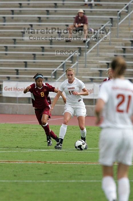 UT freshman Kylie Doniak (#15, Midfielder).  The University of Texas women's soccer team won 2-1 against the Iowa State Cyclones Sunday afternoon, October 5, 2008.

Filename: SRM_20081005_12093837.jpg
Aperture: f/5.6
Shutter Speed: 1/1600
Body: Canon EOS-1D Mark II
Lens: Canon EF 300mm f/2.8 L IS