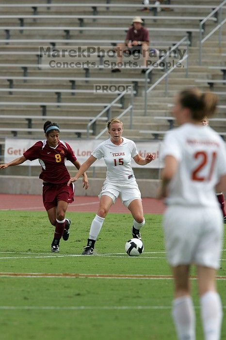 UT freshman Kylie Doniak (#15, Midfielder).  The University of Texas women's soccer team won 2-1 against the Iowa State Cyclones Sunday afternoon, October 5, 2008.

Filename: SRM_20081005_12093838.jpg
Aperture: f/5.6
Shutter Speed: 1/2000
Body: Canon EOS-1D Mark II
Lens: Canon EF 300mm f/2.8 L IS