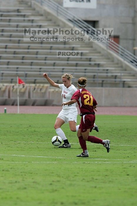 UT freshman Kylie Doniak (#15, Midfielder).  The University of Texas women's soccer team won 2-1 against the Iowa State Cyclones Sunday afternoon, October 5, 2008.

Filename: SRM_20081005_12114848.jpg
Aperture: f/5.6
Shutter Speed: 1/2000
Body: Canon EOS-1D Mark II
Lens: Canon EF 300mm f/2.8 L IS