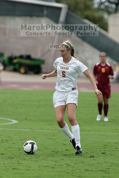 UT freshman Lucy Keith (#6, Midfielder).  The University of Texas women's soccer team won 2-1 against the Iowa State Cyclones Sunday afternoon, October 5, 2008.

Filename: SRM_20081005_12120662.jpg
Aperture: f/5.6
Shutter Speed: 1/1600
Body: Canon EOS-1D Mark II
Lens: Canon EF 300mm f/2.8 L IS