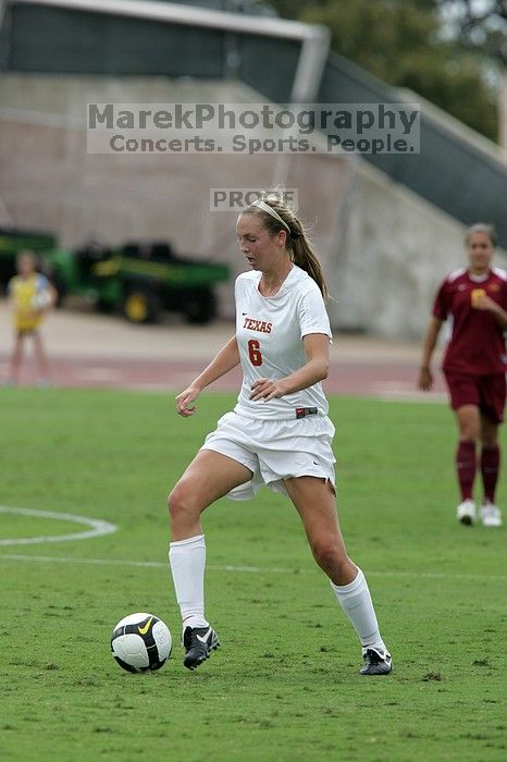 UT freshman Lucy Keith (#6, Midfielder).  The University of Texas women's soccer team won 2-1 against the Iowa State Cyclones Sunday afternoon, October 5, 2008.

Filename: SRM_20081005_12120663.jpg
Aperture: f/5.6
Shutter Speed: 1/1600
Body: Canon EOS-1D Mark II
Lens: Canon EF 300mm f/2.8 L IS