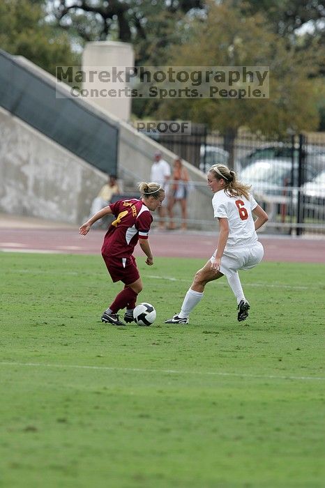 UT freshman Lucy Keith (#6, Midfielder).  The University of Texas women's soccer team won 2-1 against the Iowa State Cyclones Sunday afternoon, October 5, 2008.

Filename: SRM_20081005_12121466.jpg
Aperture: f/5.6
Shutter Speed: 1/1250
Body: Canon EOS-1D Mark II
Lens: Canon EF 300mm f/2.8 L IS