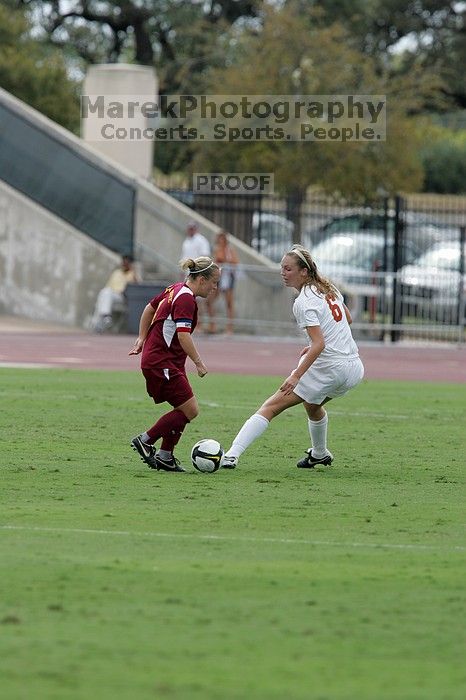 UT freshman Lucy Keith (#6, Midfielder).  The University of Texas women's soccer team won 2-1 against the Iowa State Cyclones Sunday afternoon, October 5, 2008.

Filename: SRM_20081005_12121467.jpg
Aperture: f/5.6
Shutter Speed: 1/1250
Body: Canon EOS-1D Mark II
Lens: Canon EF 300mm f/2.8 L IS