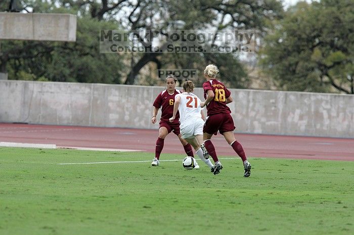 UT junior Emily Anderson (#21, Forward).  The University of Texas women's soccer team won 2-1 against the Iowa State Cyclones Sunday afternoon, October 5, 2008.

Filename: SRM_20081005_12122269.jpg
Aperture: f/5.6
Shutter Speed: 1/1600
Body: Canon EOS-1D Mark II
Lens: Canon EF 300mm f/2.8 L IS