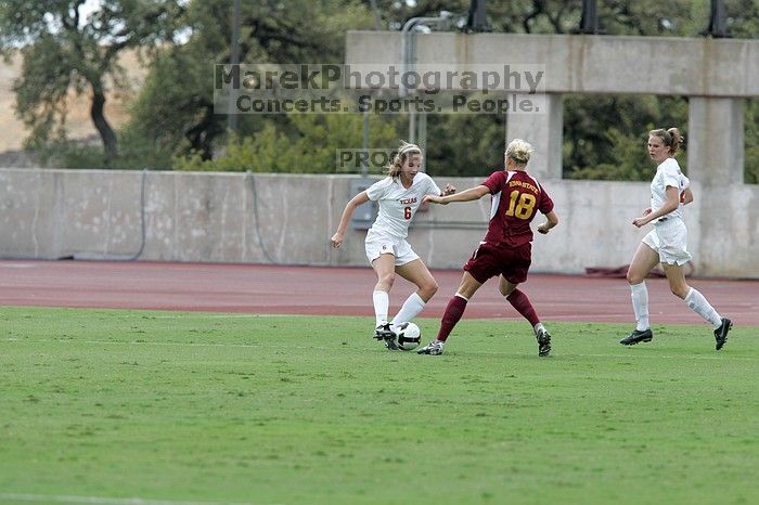 UT freshman Lucy Keith (#6, Midfielder).  The University of Texas women's soccer team won 2-1 against the Iowa State Cyclones Sunday afternoon, October 5, 2008.

Filename: SRM_20081005_12122470.jpg
Aperture: f/5.6
Shutter Speed: 1/1250
Body: Canon EOS-1D Mark II
Lens: Canon EF 300mm f/2.8 L IS