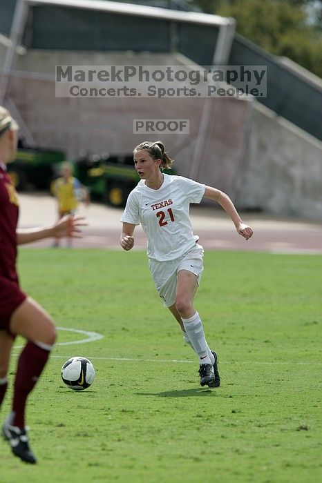 UT junior Emily Anderson (#21, Forward).  The Uniiversity of Texas women's soccer team won 2-1 against the Iowa State Cyclones Sunday afternoon, October 5, 2008.

Filename: SRM_20081005_12135493.jpg
Aperture: f/5.6
Shutter Speed: 1/2500
Body: Canon EOS-1D Mark II
Lens: Canon EF 300mm f/2.8 L IS