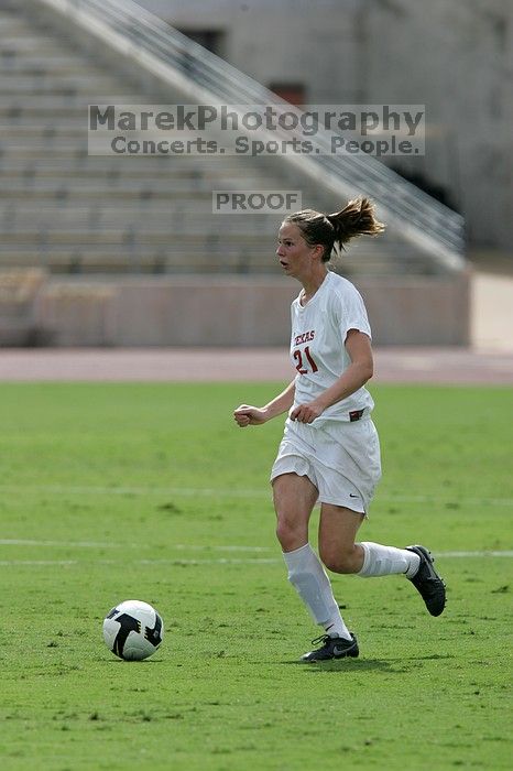 UT junior Emily Anderson (#21, Forward).  The Uniiversity of Texas women's soccer team won 2-1 against the Iowa State Cyclones Sunday afternoon, October 5, 2008.

Filename: SRM_20081005_12135695.jpg
Aperture: f/5.6
Shutter Speed: 1/2500
Body: Canon EOS-1D Mark II
Lens: Canon EF 300mm f/2.8 L IS