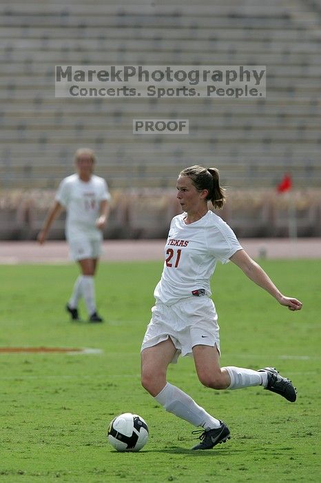 UT junior Emily Anderson (#21, Forward).  The Uniiversity of Texas women's soccer team won 2-1 against the Iowa State Cyclones Sunday afternoon, October 5, 2008.

Filename: SRM_20081005_12135699.jpg
Aperture: f/5.6
Shutter Speed: 1/2500
Body: Canon EOS-1D Mark II
Lens: Canon EF 300mm f/2.8 L IS