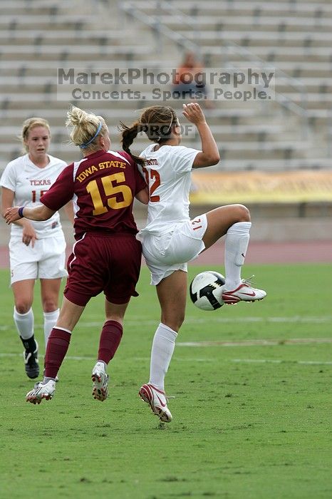 UT sophomore Alisha Ortiz (#12, Forward).  The University of Texas women's soccer team won 2-1 against the Iowa State Cyclones Sunday afternoon, October 5, 2008.

Filename: SRM_20081005_12194869.jpg
Aperture: f/5.6
Shutter Speed: 1/1250
Body: Canon EOS-1D Mark II
Lens: Canon EF 300mm f/2.8 L IS