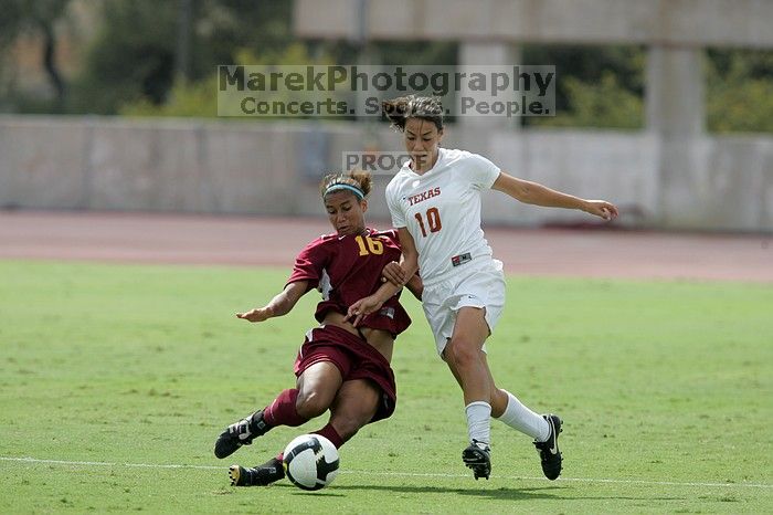 UT senior Stephanie Logterman (#10, Defender).  The University of Texas women's soccer team won 2-1 against the Iowa State Cyclones Sunday afternoon, October 5, 2008.

Filename: SRM_20081005_12221817.jpg
Aperture: f/5.0
Shutter Speed: 1/2000
Body: Canon EOS-1D Mark II
Lens: Canon EF 300mm f/2.8 L IS