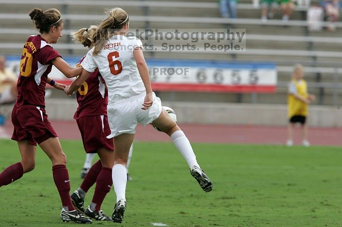 UT freshman Lucy Keith (#6, Midfielder).  The University of Texas women's soccer team won 2-1 against the Iowa State Cyclones Sunday afternoon, October 5, 2008.

Filename: SRM_20081005_12235237.jpg
Aperture: f/5.6
Shutter Speed: 1/1250
Body: Canon EOS-1D Mark II
Lens: Canon EF 300mm f/2.8 L IS