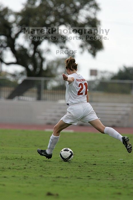 UT junior Emily Anderson (#21, Forward).  The University of Texas women's soccer team won 2-1 against the Iowa State Cyclones Sunday afternoon, October 5, 2008.

Filename: SRM_20081005_12244047.jpg
Aperture: f/5.6
Shutter Speed: 1/1600
Body: Canon EOS-1D Mark II
Lens: Canon EF 300mm f/2.8 L IS