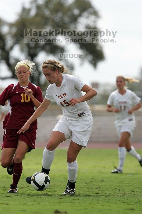 UT freshman Kylie Doniak (#15, Midfielder).  The University of Texas women's soccer team won 2-1 against the Iowa State Cyclones Sunday afternoon, October 5, 2008.

Filename: SRM_20081005_12260664.jpg
Aperture: f/5.6
Shutter Speed: 1/2000
Body: Canon EOS-1D Mark II
Lens: Canon EF 300mm f/2.8 L IS