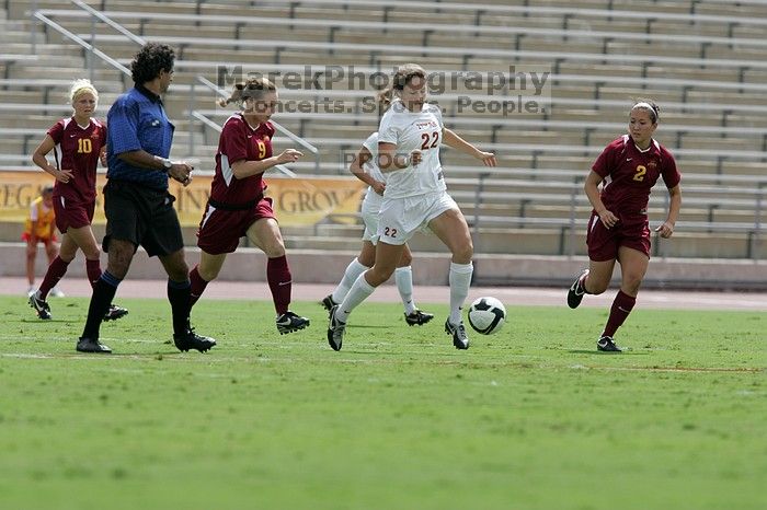 UT junior Stephanie Gibson (#22, Defense and Forward) passes the ball.  The University of Texas women's soccer team won 2-1 against the Iowa State Cyclones Sunday afternoon, October 5, 2008.

Filename: SRM_20081005_12314004.jpg
Aperture: f/5.6
Shutter Speed: 1/2000
Body: Canon EOS-1D Mark II
Lens: Canon EF 300mm f/2.8 L IS