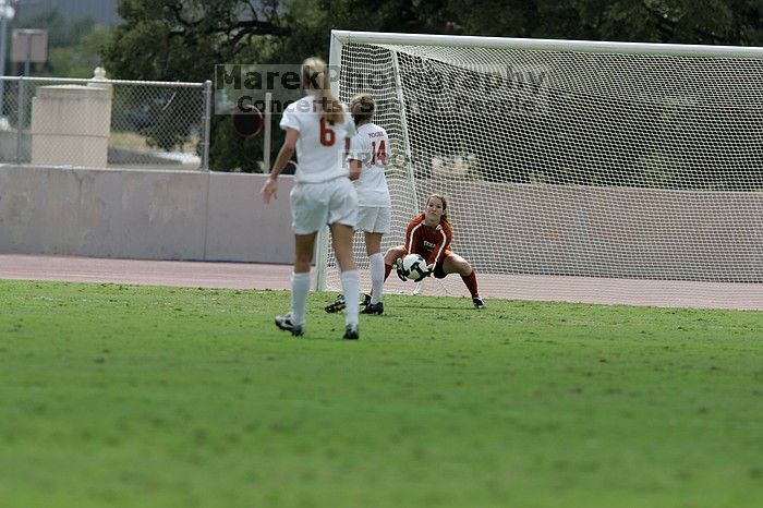 UT senior Dianna Pfenninger (#8, Goalkeeper) scoops up a shot on goal as UT senior Kasey Moore (#14, Defender) and UT freshman Lucy Keith (#6, Midfielder) watch.  The University of Texas women's soccer team won 2-1 against the Iowa State Cyclones Sunday afternoon, October 5, 2008.

Filename: SRM_20081005_12330027.jpg
Aperture: f/5.6
Shutter Speed: 1/2500
Body: Canon EOS-1D Mark II
Lens: Canon EF 300mm f/2.8 L IS